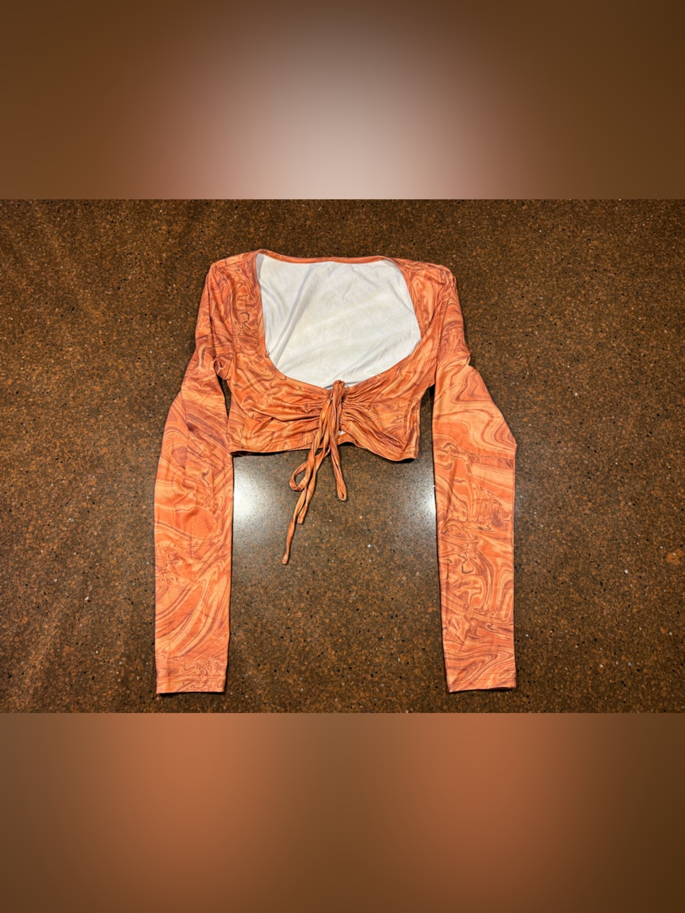 SHEIN Orange Marble-Print Long Sleeve Tie-Front Crop Top
